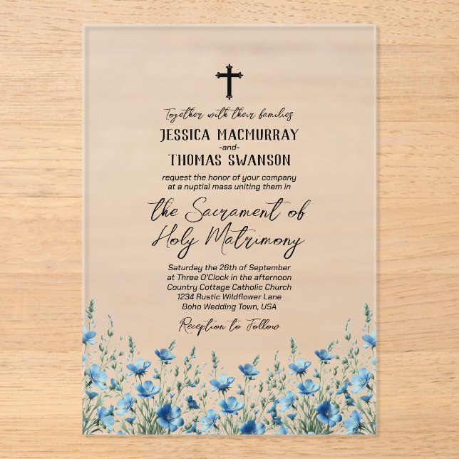 Blue Boho Wildflowers Modern Catholic Wedding Acrylic Invitations (Front)