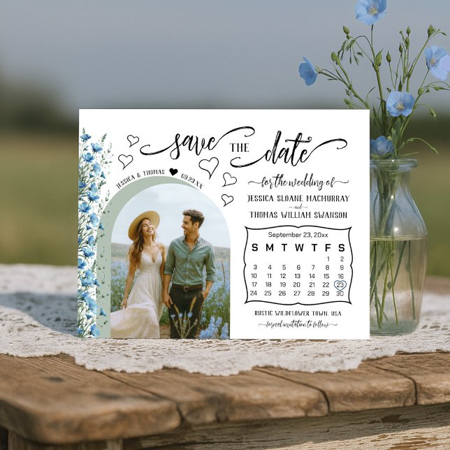 Blue Boho Wildflowers Photo & Calendar Wedding Save The Date (Creator Uploaded)