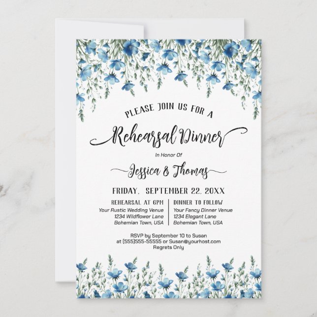 Blue Boho Wildflowers Wedding Rehearsal & Dinner Invitation (Front)
