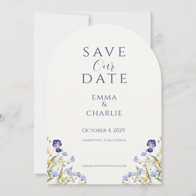Blue Boho Wildflowers Wedding Save the Date Invitation (Front)