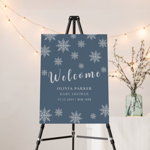 Blue Boho Winter Snow Baby Shower Welcome Sign