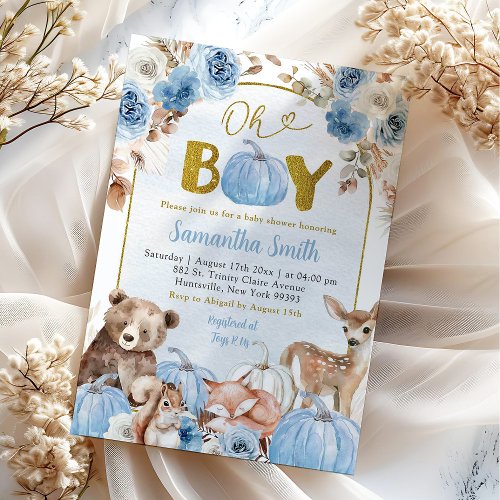 Blue Boho Woodland Fall Pumpkin Baby Shower Invitation