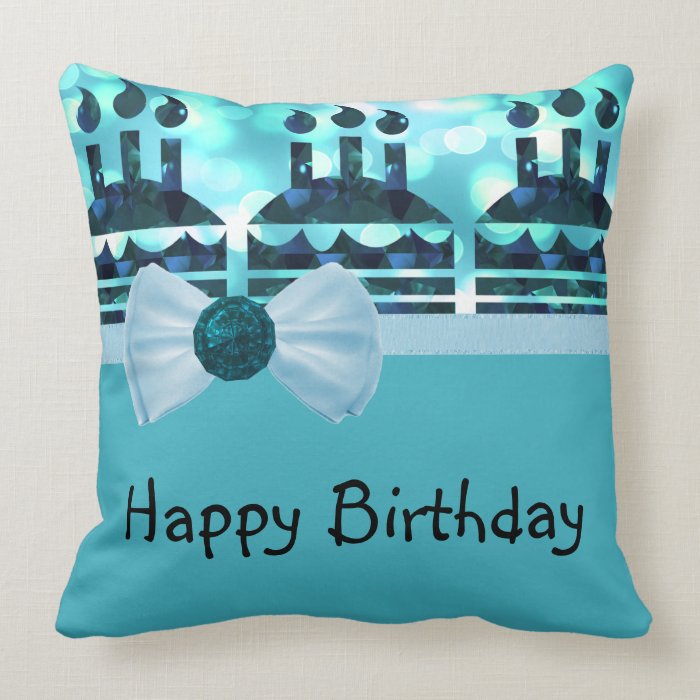 Blue Bokeh Birthday Cake Gemstone Throw Pillows