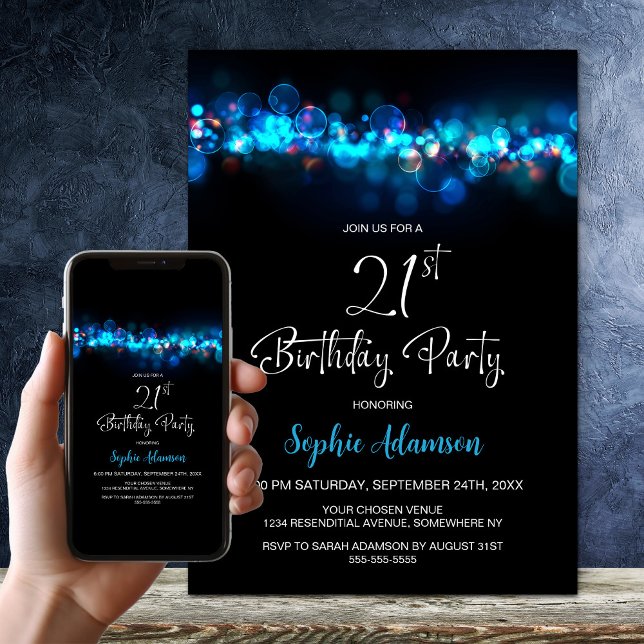 Blue Bokeh Black 21st Birthday Party Invitation (Creator Uploaded)