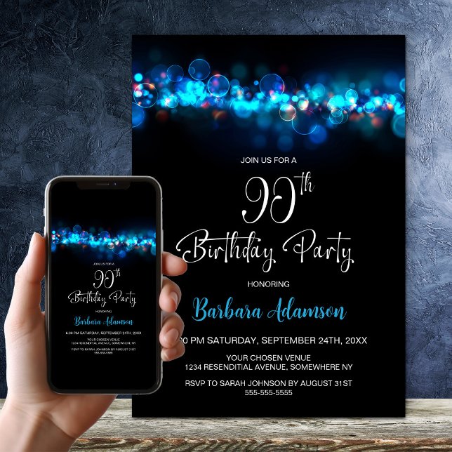 Blue Bokeh Black 90th Birthday Party Invitation (Creator Uploaded)