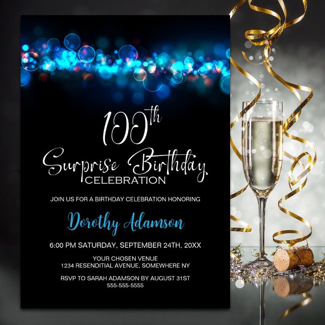 Blue Bokeh Black Surprise 100th Birthday Party Invitation (Creator Uploaded)
