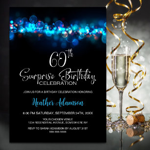 Blue Bokeh Black Surprise 60th Birthday Party Invitation