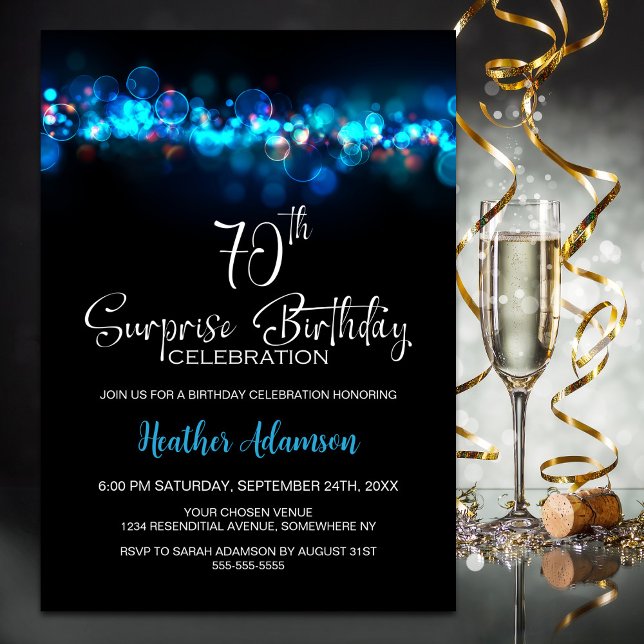 Blue Bokeh Black Surprise 70th Birthday Party Invitation (Creator Uploaded)