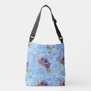 Blue Bokeh Bling Purple & Blue Flowers Crossbody Bag