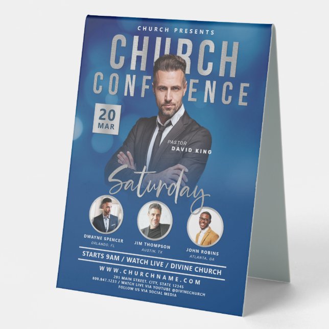 Blue Bokeh Church Conference Service Event  Table Tent (Front)