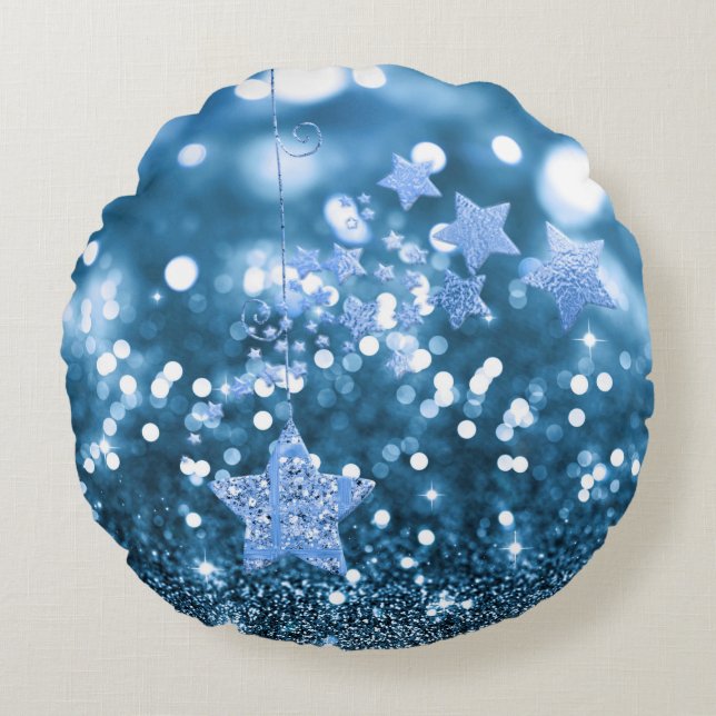 Blue Bokeh Faux Glitter & Stars Round Pillow (Front)