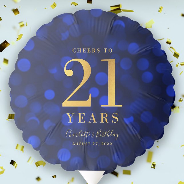 Blue Bokeh Faux Gold Cheers to 21 Years Birthday Balloon (Creator Uploaded)