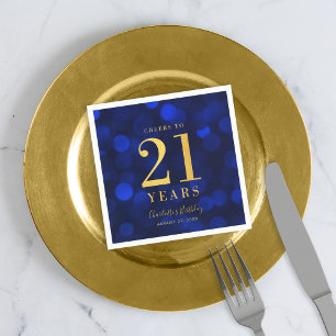 Blue Bokeh Faux Gold Cheers to 21 Years Birthday Napkins