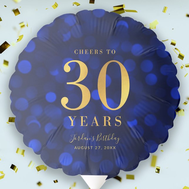 Blue Bokeh Faux Gold Cheers to 30 Years Birthday Balloon (Creator Uploaded)