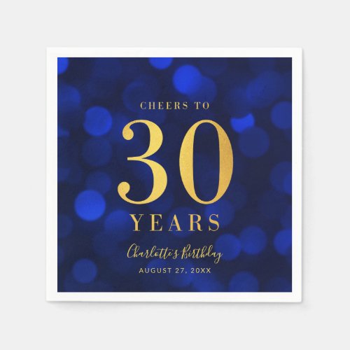 Blue Bokeh Faux Gold Cheers to 30 Years Birthday Napkins