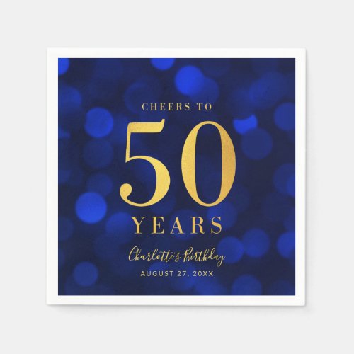 Blue Bokeh Faux Gold Cheers to 50 Years Birthday Napkins