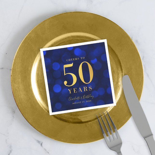 Blue Bokeh Faux Gold Cheers to 50 Years Birthday Napkins (Creator Uploaded)