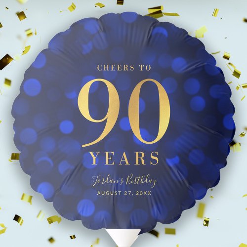 Blue Bokeh Faux Gold Cheers to 90 Years Birthday Balloon