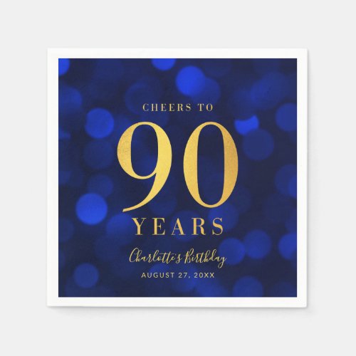 Blue Bokeh Faux Gold Cheers to 90 Years Birthday Napkins