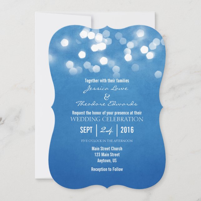 Blue Bokeh Glitter Lights Wedding Invitation (Front)
