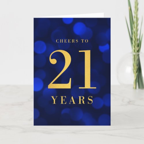 Blue Bokeh Gold Cheers to 21 Years Birthday Card
