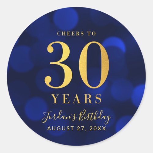 Blue Bokeh Gold Cheers to 30 Years Birthday Classic Round Sticker