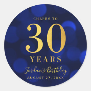 Blue Bokeh Gold Cheers to 30 Years Birthday Classic Round Sticker