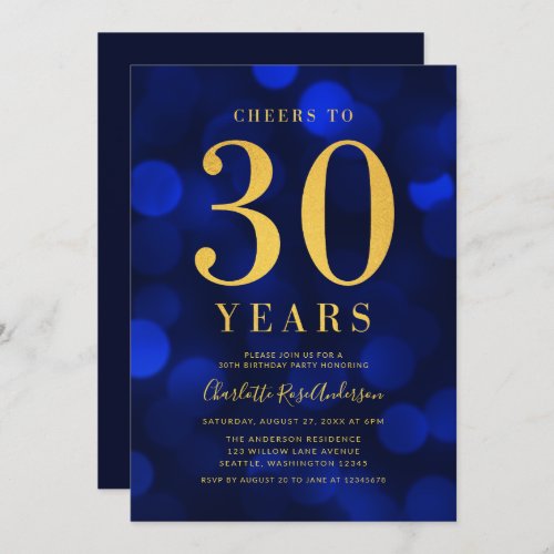 Blue Bokeh Gold Cheers to 30 Years Birthday Party Invitation