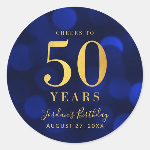 Blue Bokeh Gold Cheers to 50 Years Birthday Classic Round Sticker