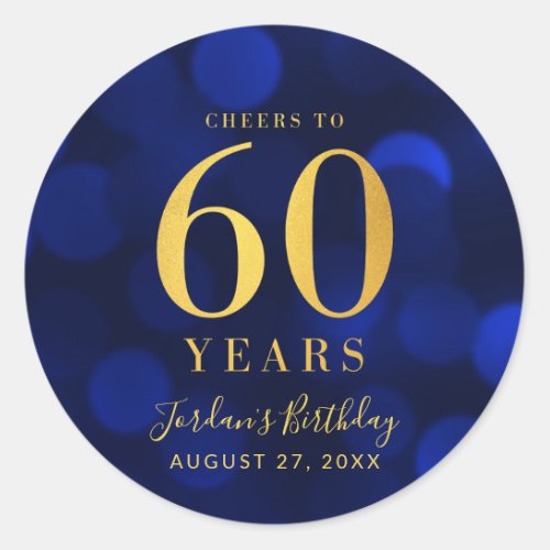 Blue Bokeh Gold Cheers to 60 Years Birthday Classic Round Sticker