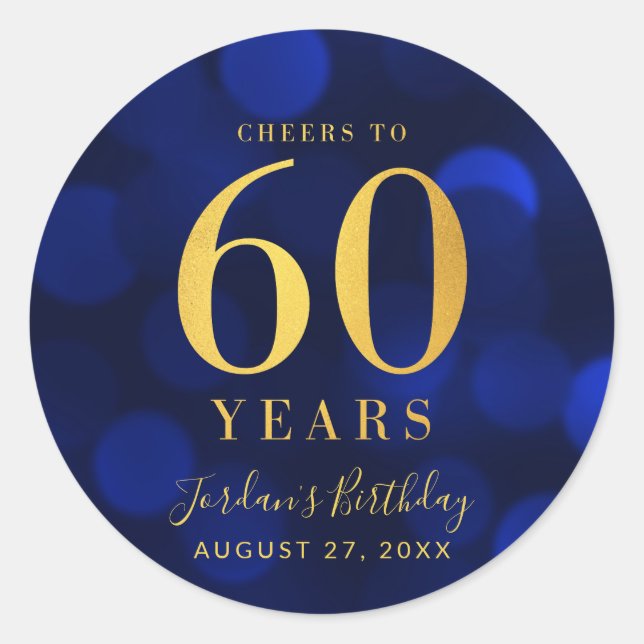 Blue Bokeh Gold Cheers to 60 Years Birthday Classic Round Sticker (Front)