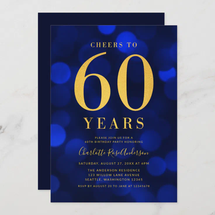 Blue Bokeh Gold Cheers to 60 Years Birthday Party Invitation | Zazzle