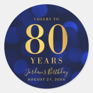 Blue Bokeh Gold Cheers to 80 Years Birthday Classic Round Sticker