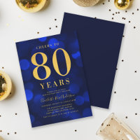 Blue Bokeh Gold Cheers to 80 Years Birthday Party