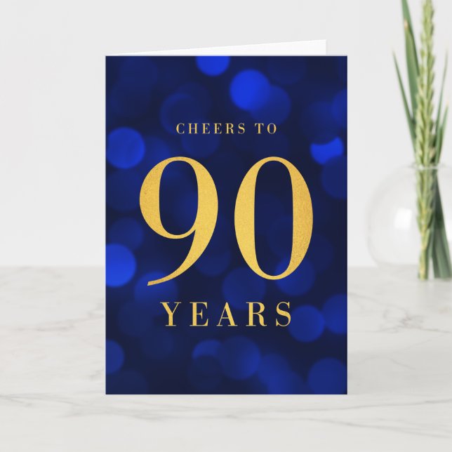Blue Bokeh Gold Cheers to 90 Years Birthday Card (Front)