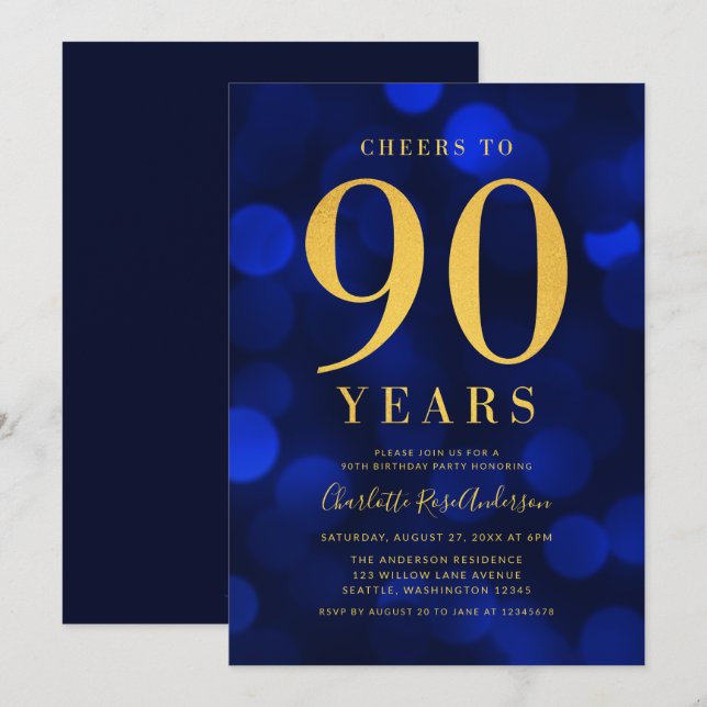 Blue Bokeh Gold Cheers to 90 Years Birthday Party Invitation (Front/Back)