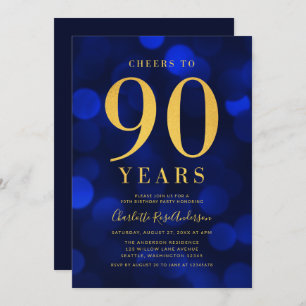 Blue Bokeh Gold Cheers to 90 Years Birthday Party Invitation