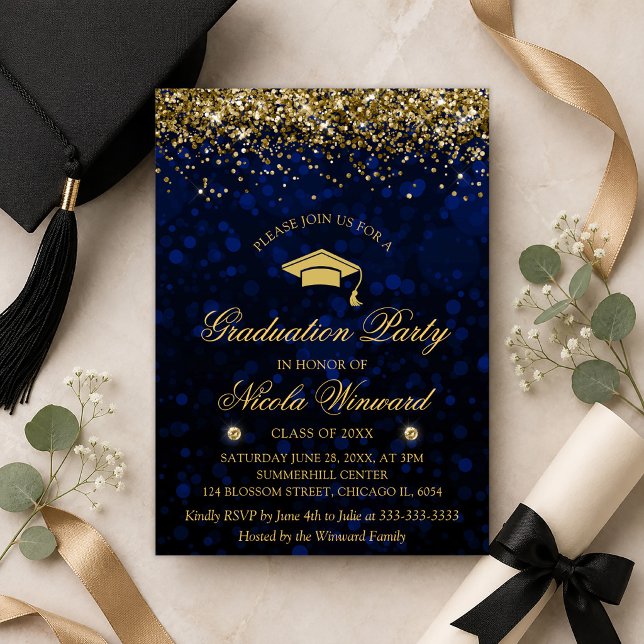 Blue Bokeh & Gold Glitter Graduation Party Invitation (Creator Uploaded)