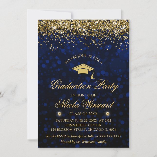 Blue Bokeh & Gold Glitter Graduation Party Invitation (Front)