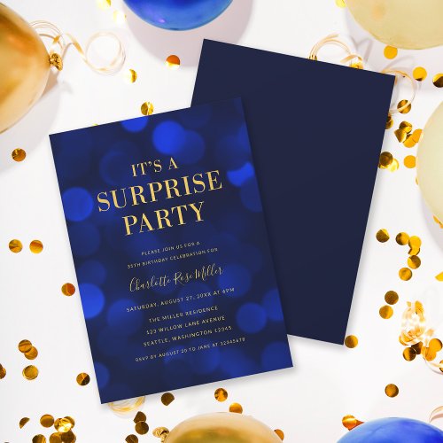 Blue Bokeh Gold Its a Surprise Party Birthday Invitation