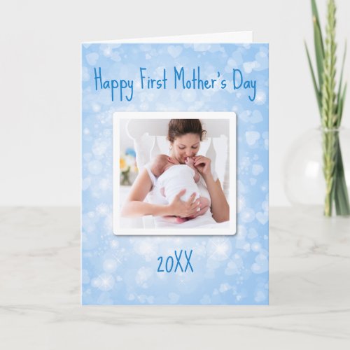 Blue Bokeh Happy First Mothers Day Custom Photo Card