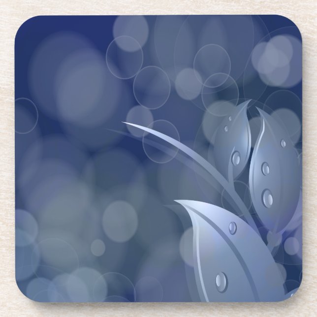 Blue Bokeh Leaves Beverage Coaster (Front)