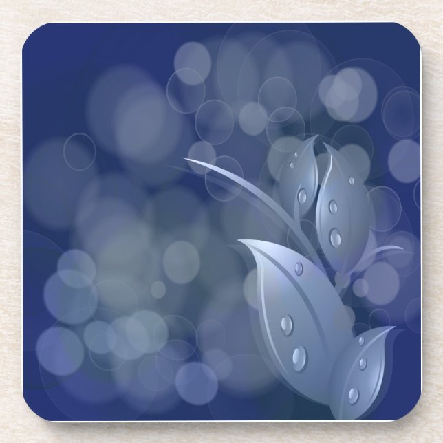 Blue Bokeh Leaves Drink Coaster (Front)