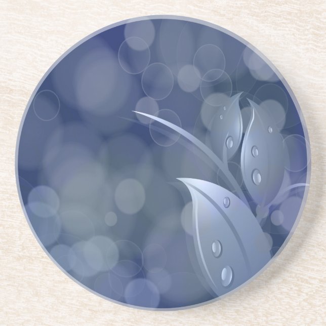Blue Bokeh Leaves Sandstone Coaster (Front)