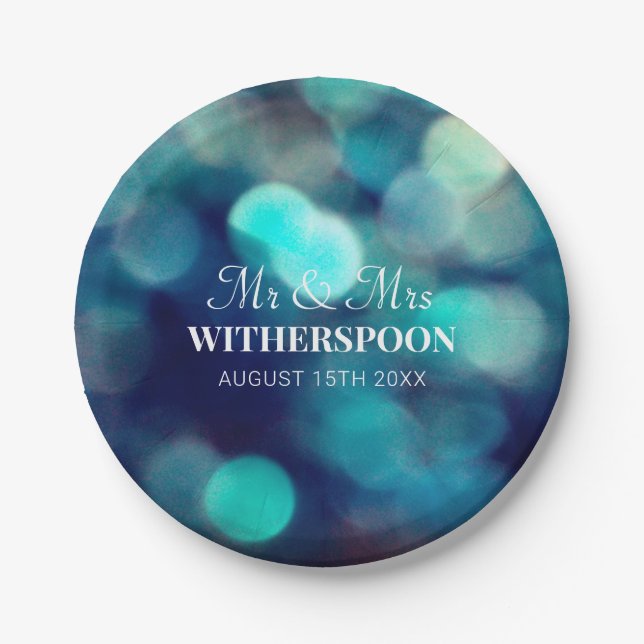 Blue bokeh light effect paper wedding party plates (Front)