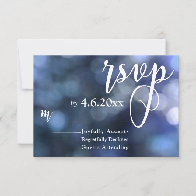 Blue Bokeh Light & Typography 32 Wedding RSVP Card (Front)