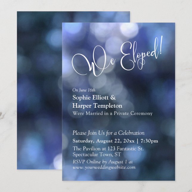 Blue Bokeh Light & "We Eloped" Typography Invitation (Front/Back)