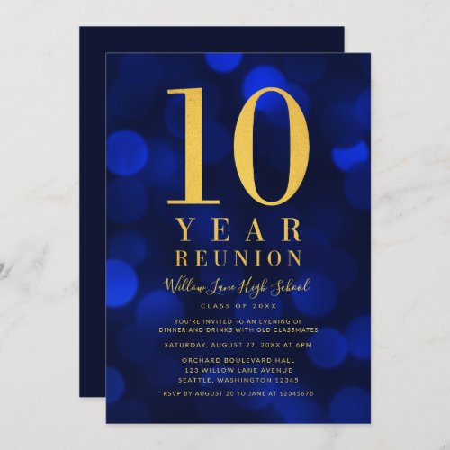 Blue Bokeh Lights 10 Year Class Reunion Invitation