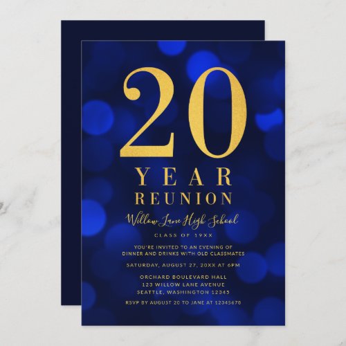 Blue Bokeh Lights 20 Year Class Reunion Invitation
