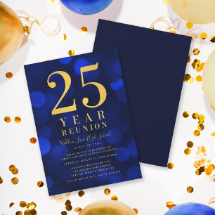 Blue Bokeh Lights 25 Year Class Reunion Invitation
